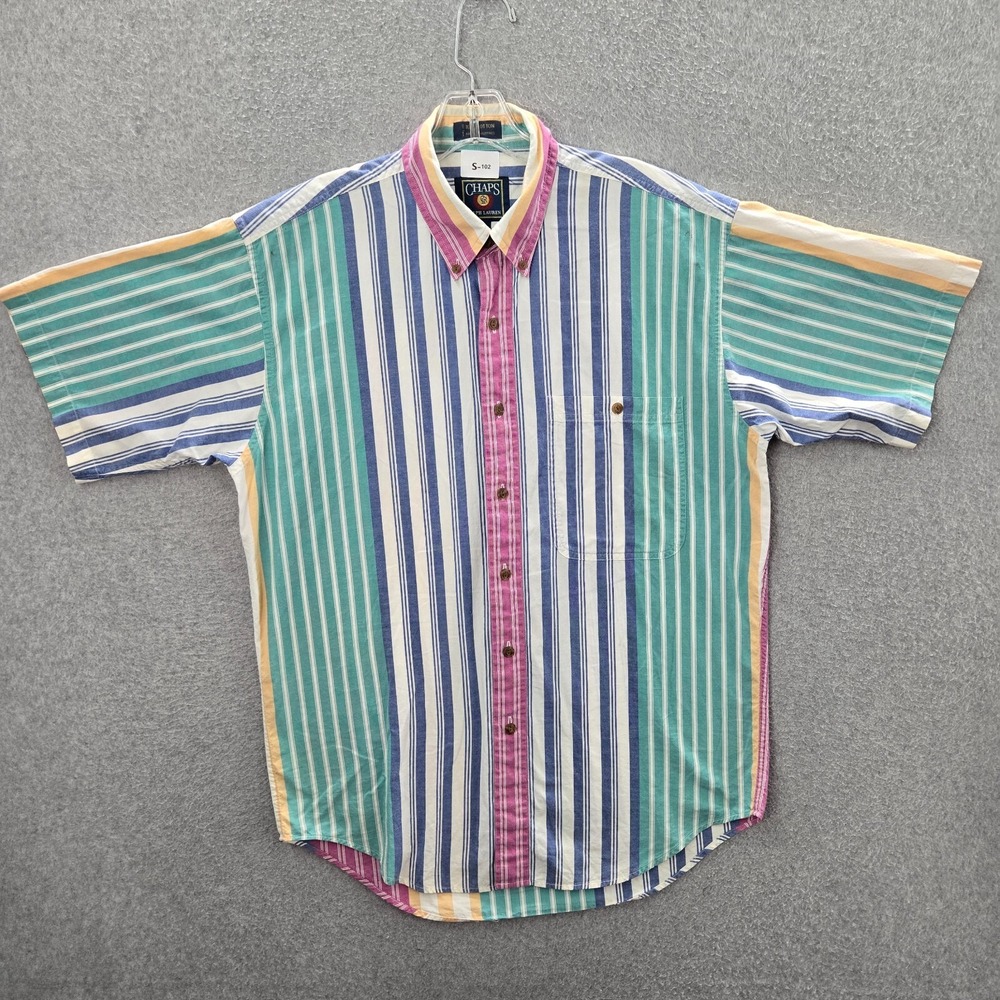 VINTAGE Chaps Ralph Lauren Men Button Up Shirt Medium Blue Striped Pocket Collar
